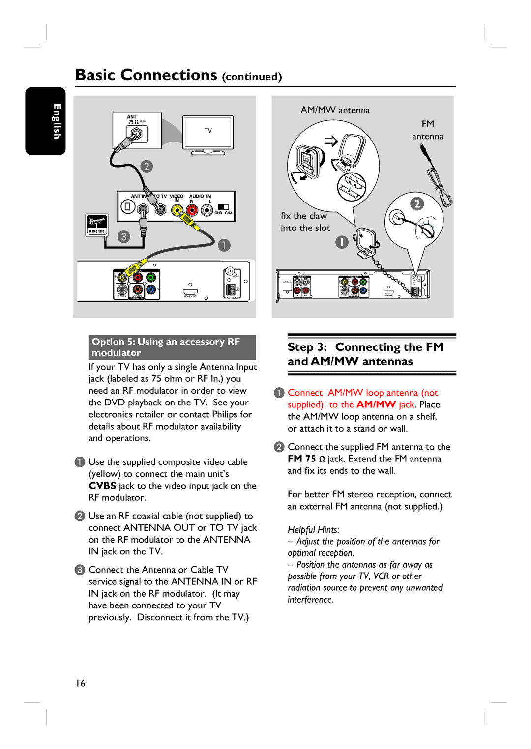 Philips HTS3555, HTS3544 user manual Connecting the FM and AM/MW antennas, Antenna, Option 5 Using an accessory RF modulator 