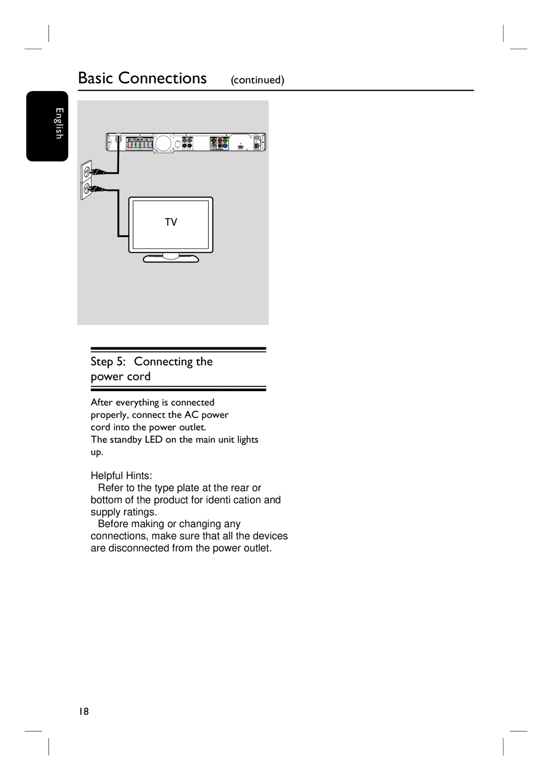 Philips HTS3555, HTS3544 user manual Connecting the power cord, Standby LED on the main unit lights up 