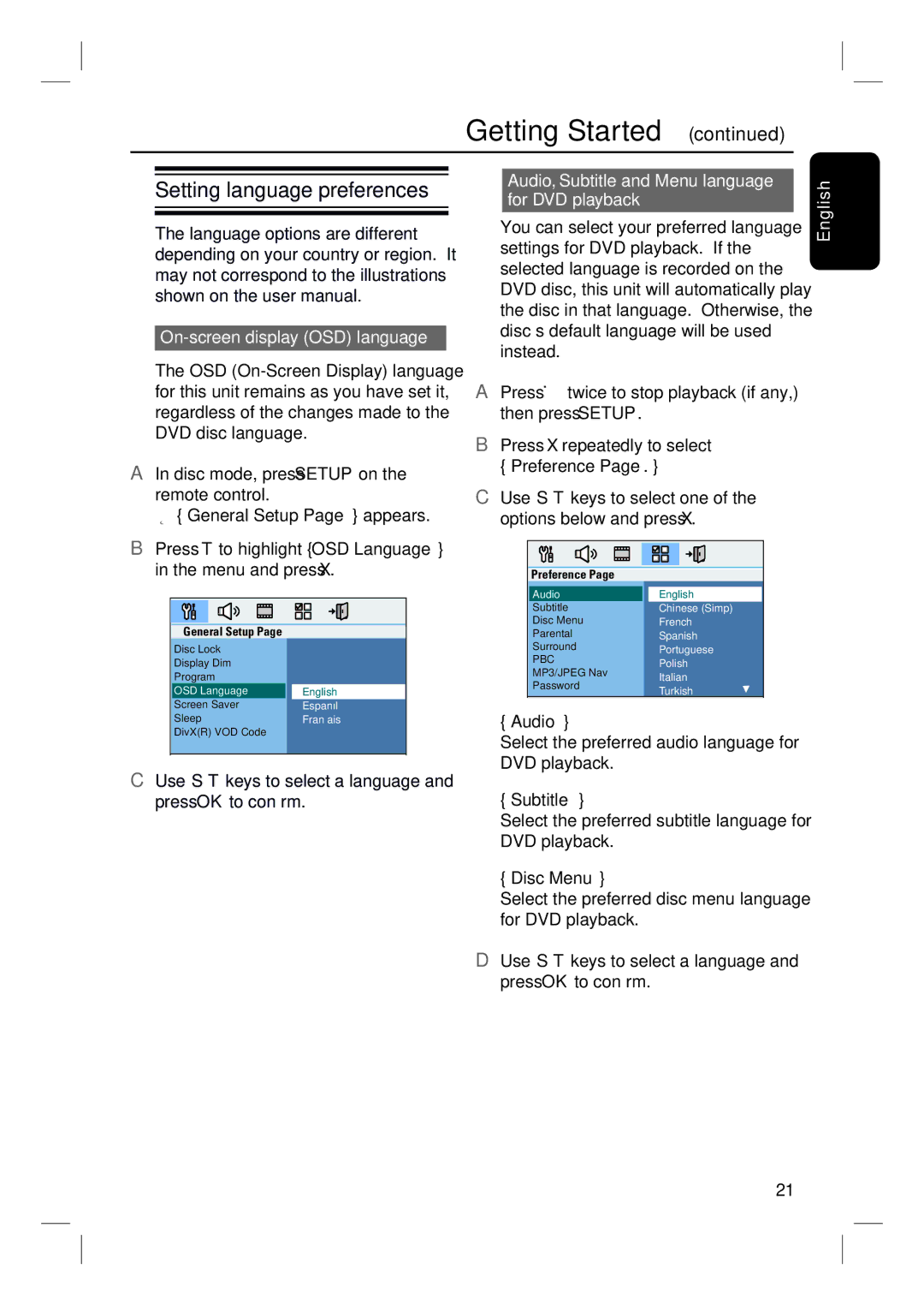 Philips HTS3544 Setting language preferences, On-screen display OSD language, General Setup Page appears, Preference 