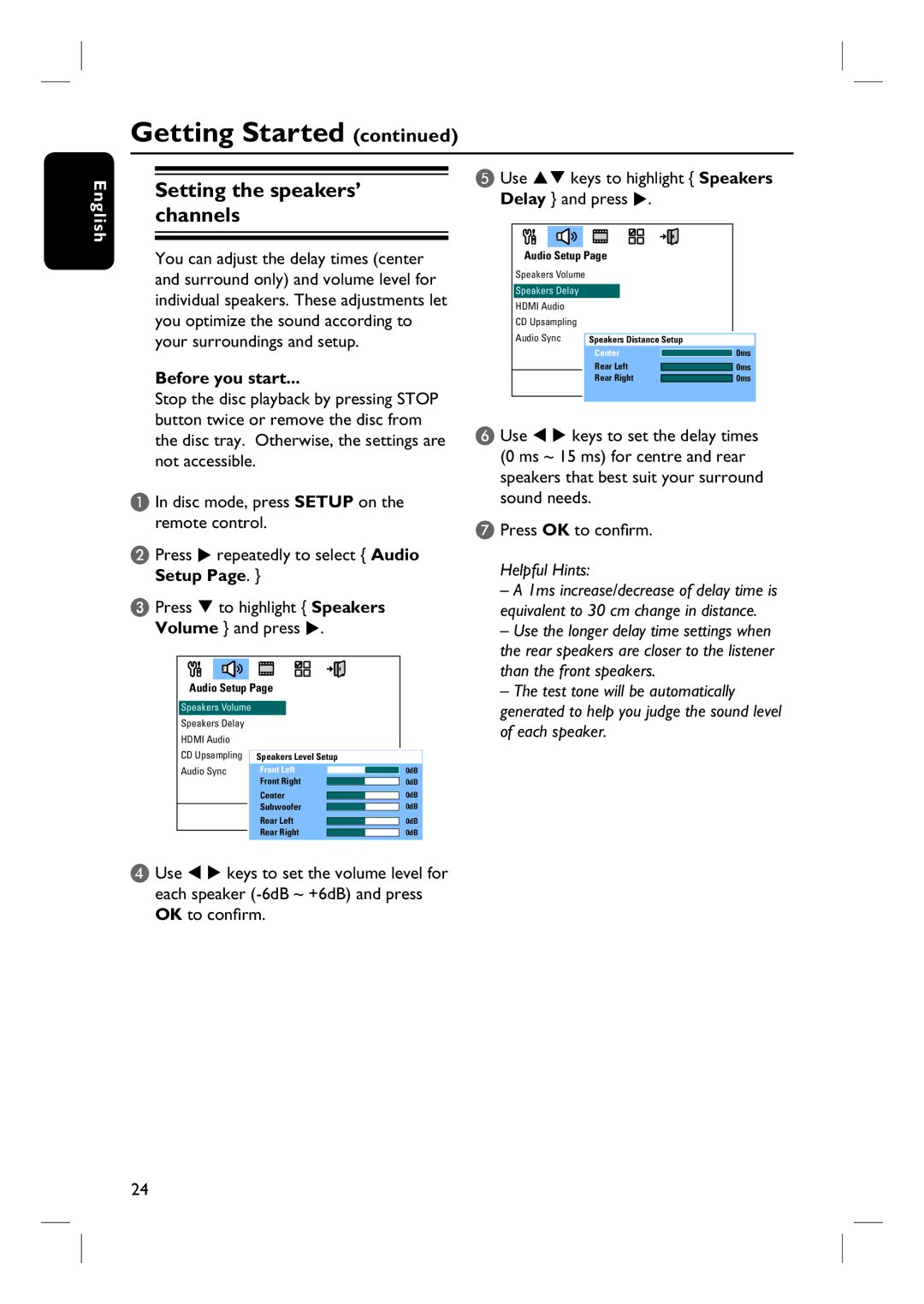 Philips HTS3555, HTS3544 Setting the speakers’ channels, Setup Press To highlight Speakers Volume and press, Use 