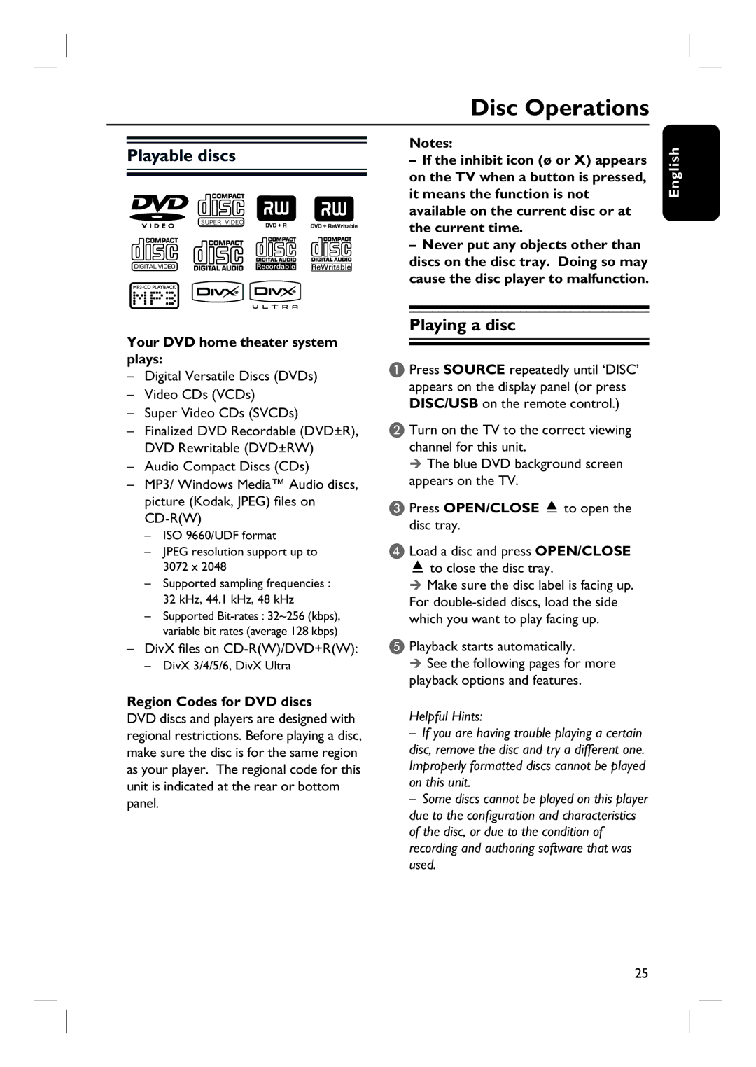 Philips HTS3544, HTS3555 user manual Disc Operations, Playable discs, Playing a disc 