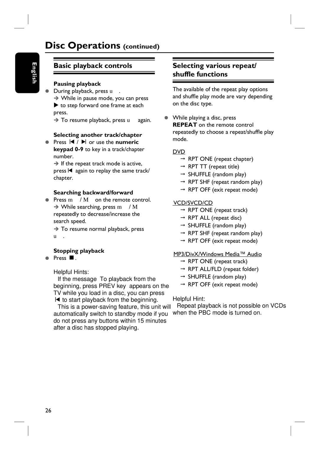 Philips HTS3555 Basic playback controls, Selecting various repeat/ shuffle functions, Pausing playback, Stopping playback 