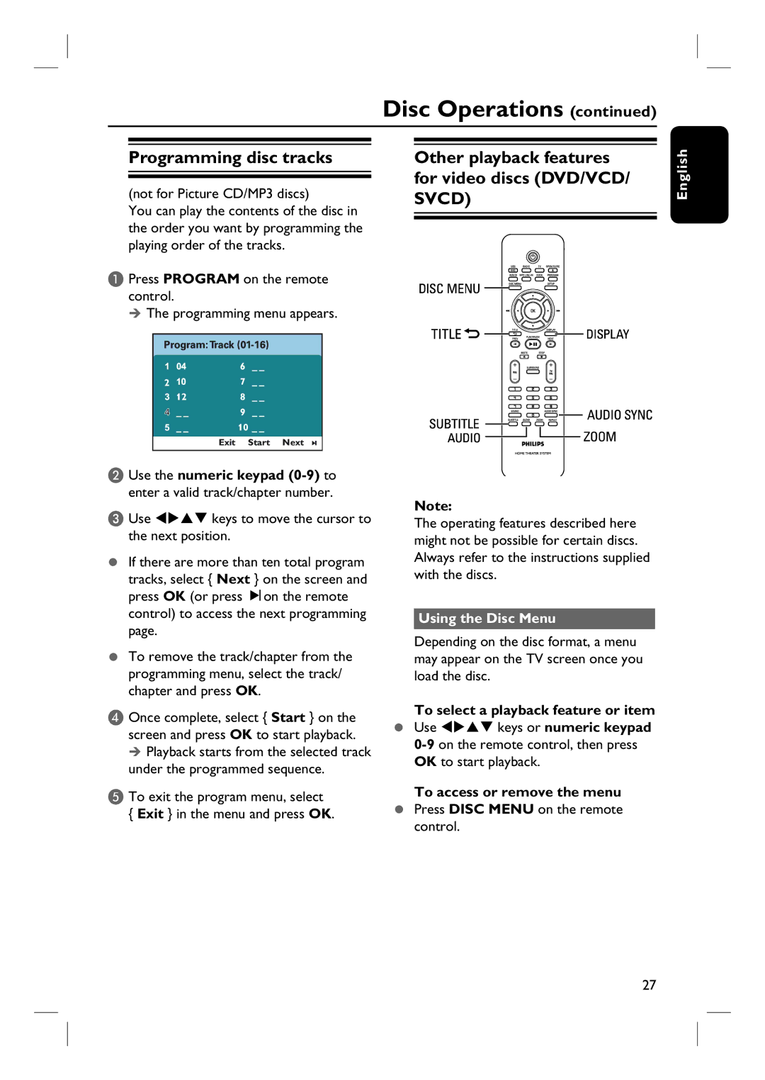 Philips HTS3544 Programming disc tracks, Other playback features for video discs DVD/VCD/ Svcd, Using the Disc Menu 