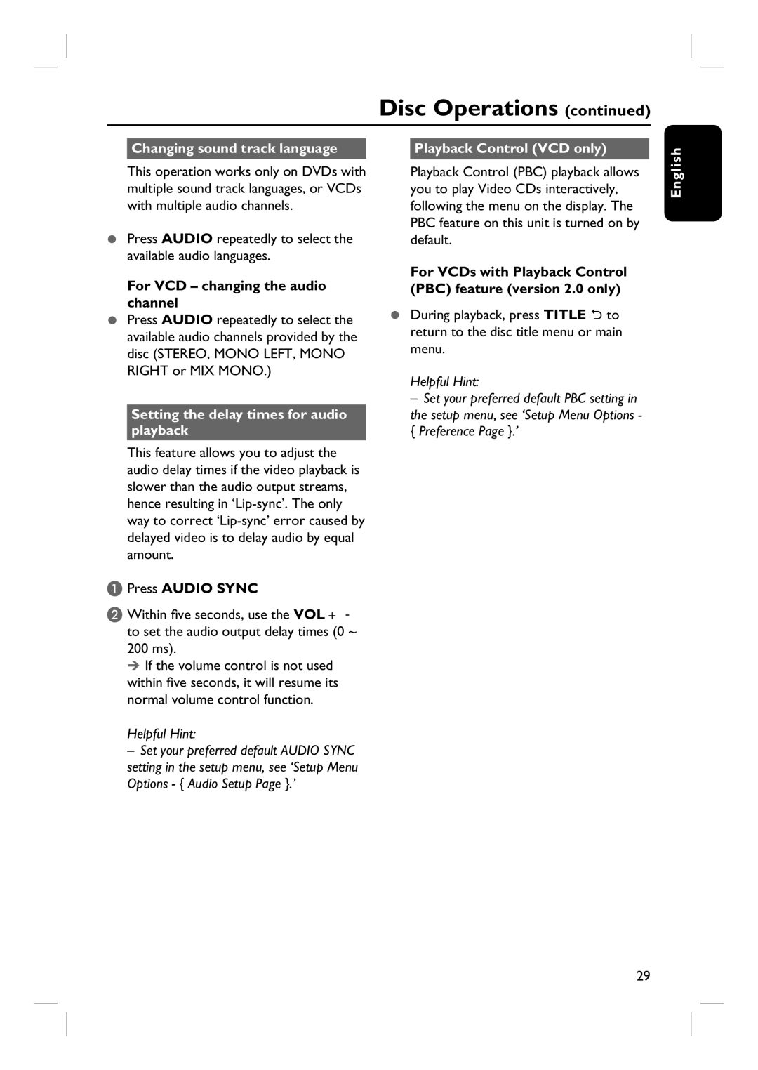 Philips HTS3544, HTS3555 Changing sound track language Playback Control VCD only, For VCD changing the audio channel 