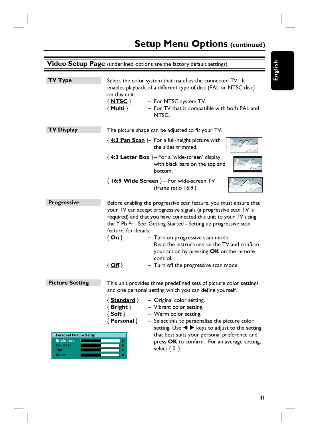 Philips HTS3544, HTS3555 user manual TV Type, Multi, TV Display Progressive, Picture Setting, Soft, Personal 