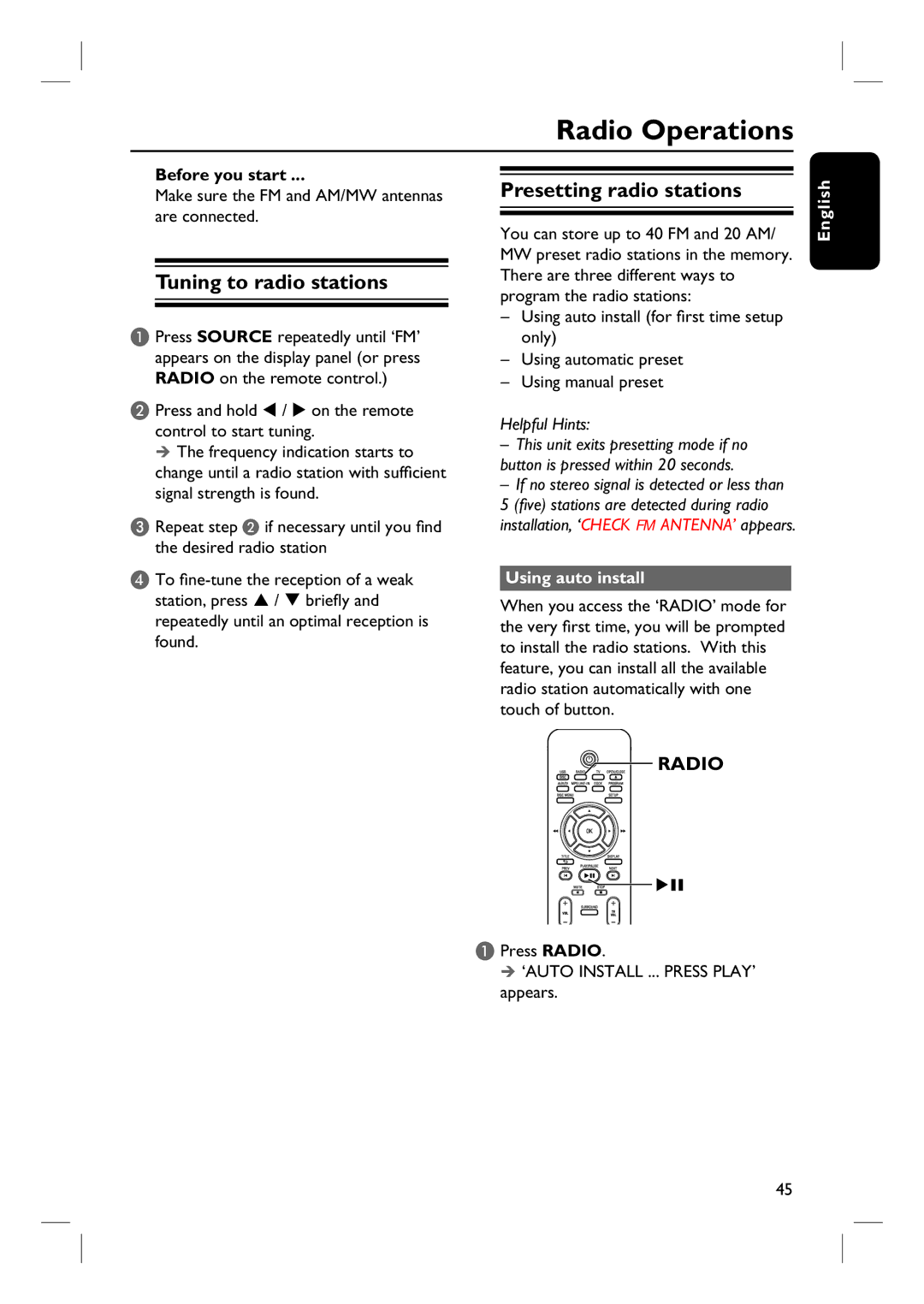 Philips HTS3544, HTS3555 Radio Operations, Tuning to radio stations, Presetting radio stations, Using auto install 