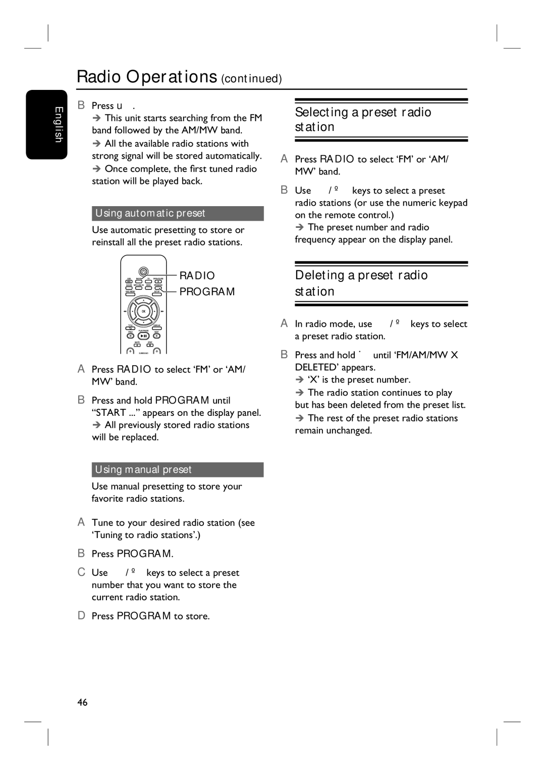 Philips HTS3555, HTS3544 Selecting a preset radio station, Deleting a preset radio station, Using automatic preset, Radio 