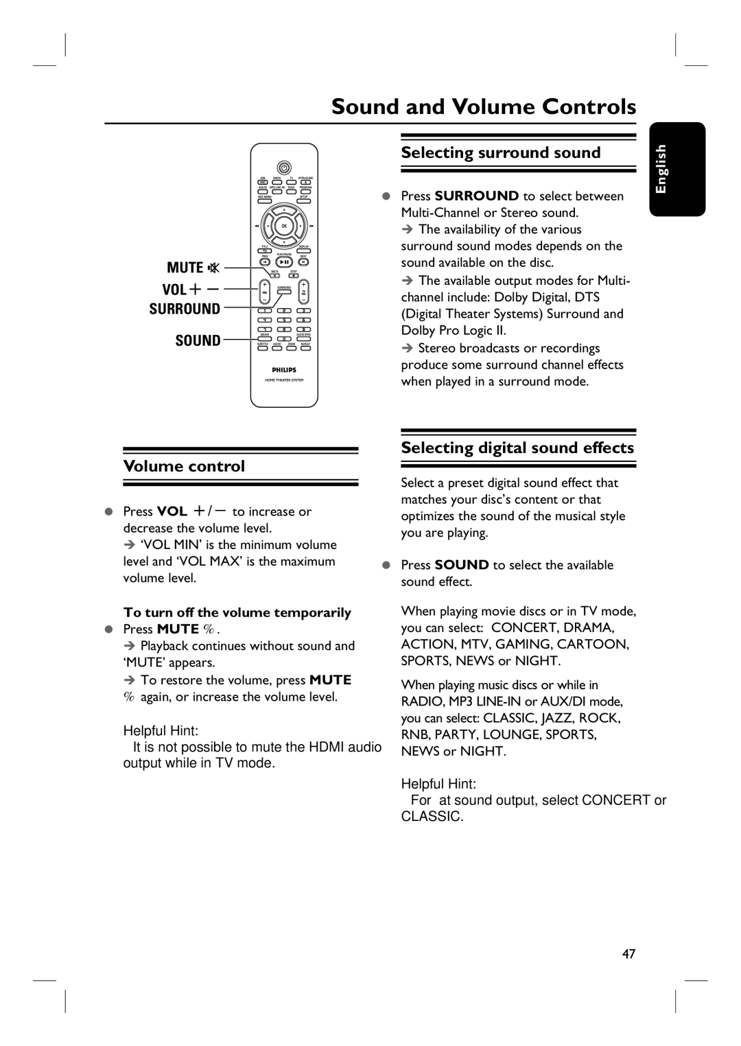 Philips HTS3544 Sound and Volume Controls, Selecting surround sound, Volume control, Selecting digital sound effects 