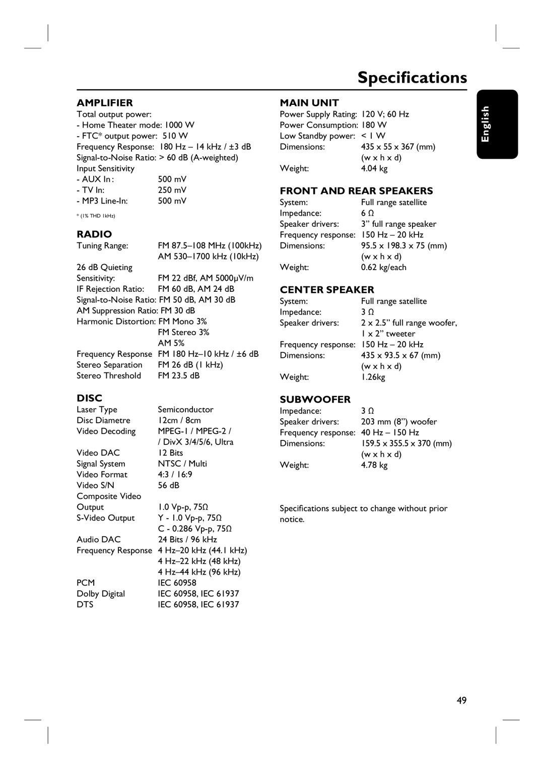 Philips HTS3544, HTS3555 user manual Specifications, Amplifier 