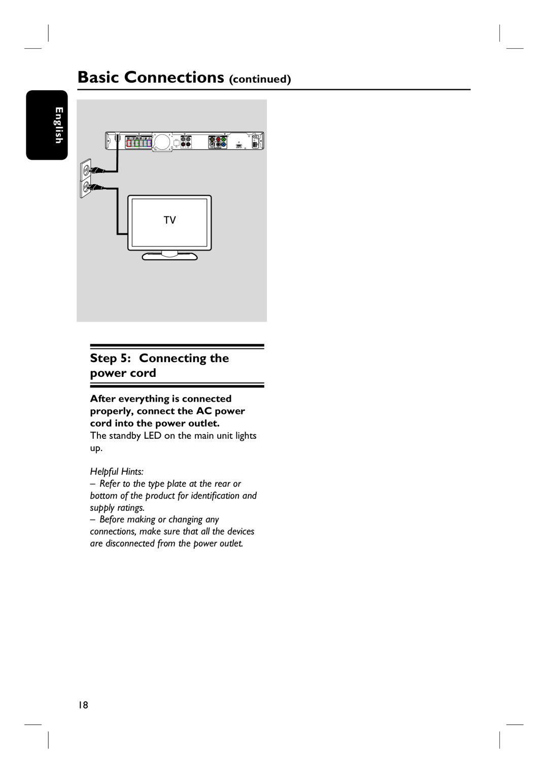 Philips HTS3555, HTS3544 user manual Connecting the power cord, Basic Connections continued, English, Helpful Hints 