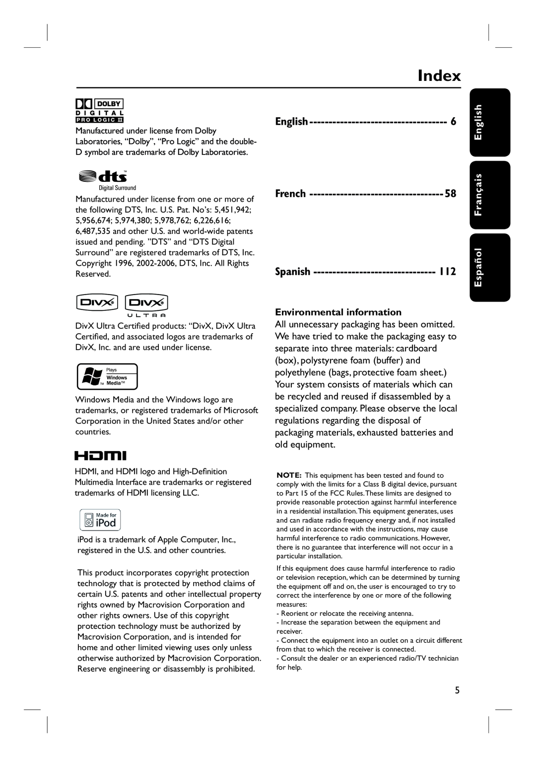 Philips HTS3544, HTS3555 user manual Index, English, French, Spanish, Environmental information, Español Français 