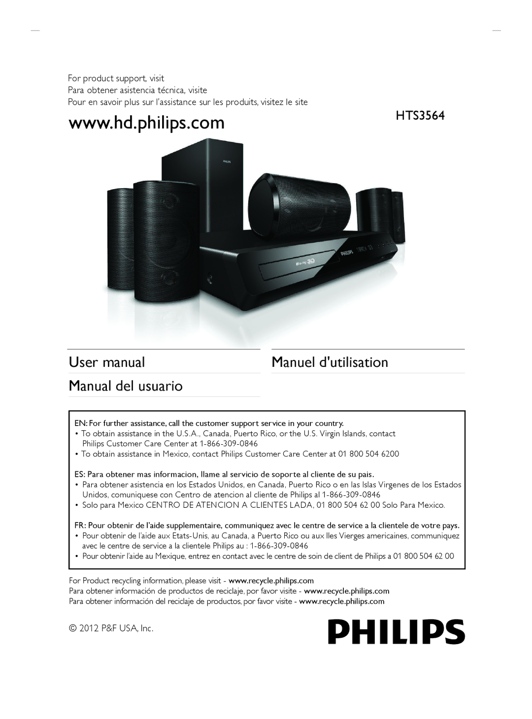 Philips HTS3564 manuel dutilisation Manuel dutilisation, Manual del usuario, 2012 P&F USA, Inc 