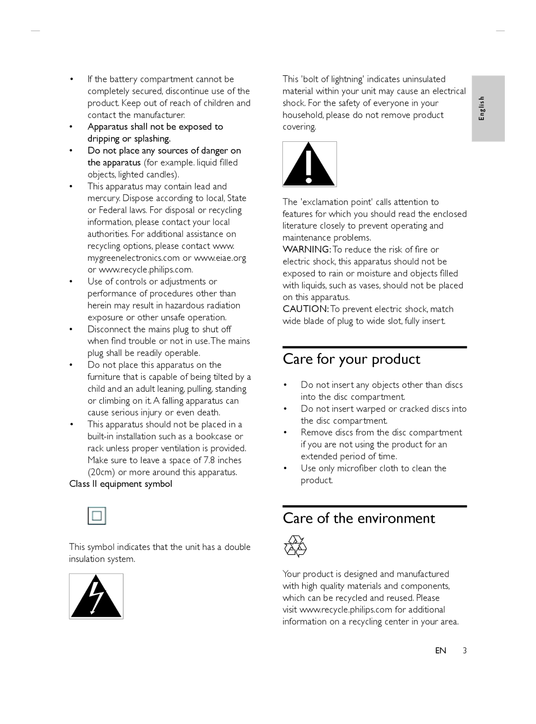 Philips HTS3564 manuel dutilisation Care for your product, Care of the environment 