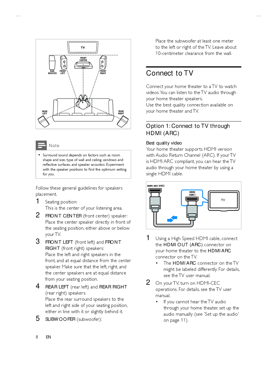 Philips HTS3564 Option 1 Connect to TV through Hdmi ARC, Follow these general guidelines for speakers placement 