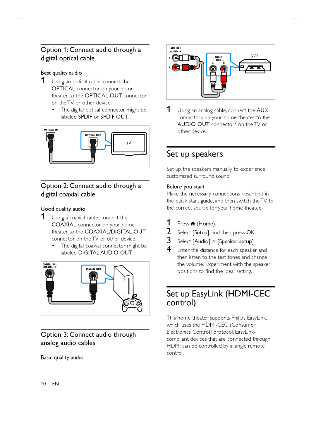 Philips HTS3564 Set up speakers, Set up EasyLink HDMI-CEC control, Option 1 Connect audio through a digital optical cable 