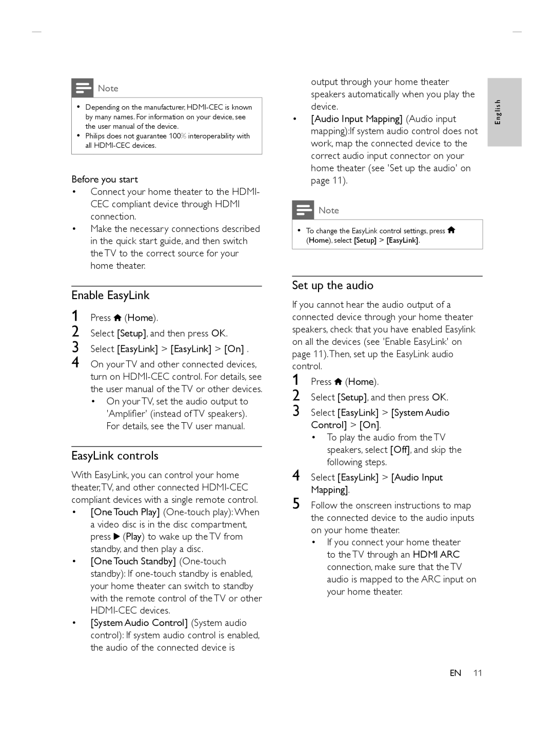 Philips HTS3564 Enable EasyLink, Set up the audio, EasyLink controls, Device, Audio Input Mapping Audio input 