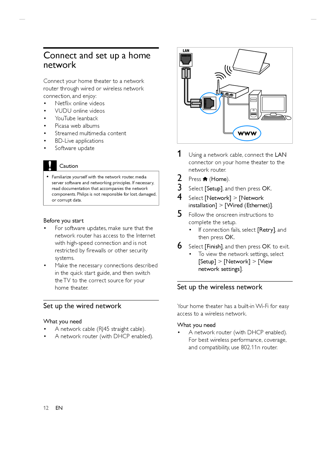 Philips HTS3564 Connect and set up a home network, Set up the wired network, Set up the wireless network 