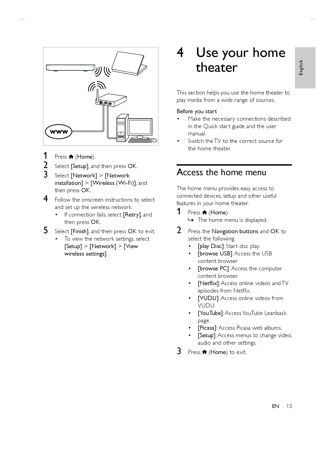 Philips HTS3564 manuel dutilisation Use your home Theater, Access the home menu, Vudu 