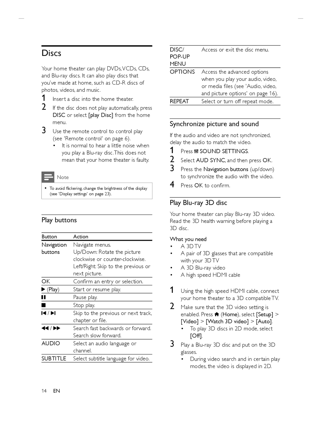 Philips HTS3564 manuel dutilisation Discs, Play buttons, Synchronize picture and sound, Play Blu-ray 3D disc, POP-UP Menu 
