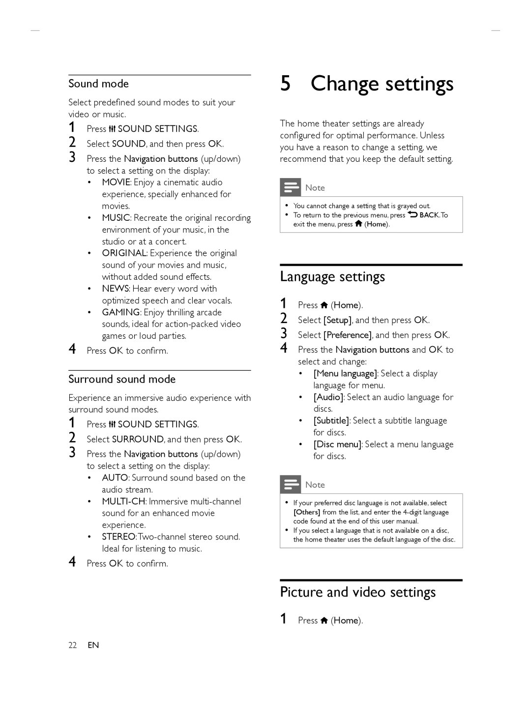 Philips HTS3564 Change settings, Language settings, Picture and video settings, Sound mode, Surround sound mode 