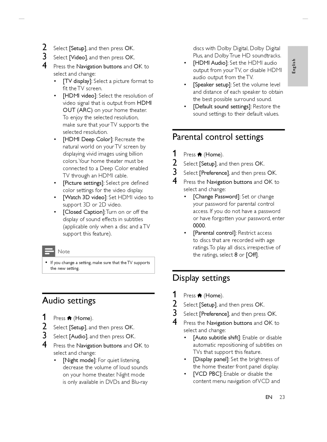 Philips HTS3564 manuel dutilisation Audio settings, Parental control settings, Display settings 