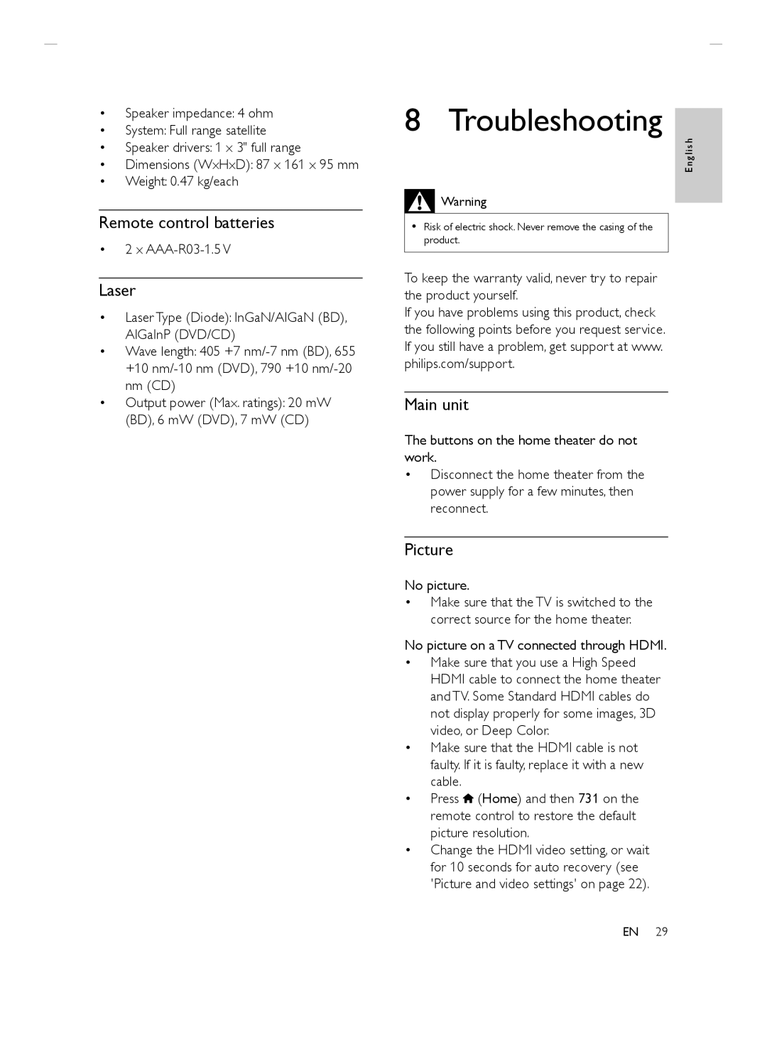 Philips HTS3564 manuel dutilisation Troubleshooting, Remote control batteries, Laser, Picture 