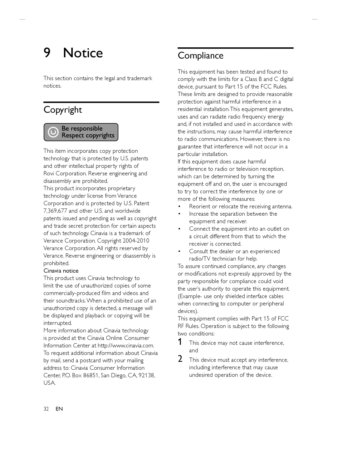 Philips HTS3564 Copyright, Compliance, This section contains the legal and trademark notices, Cinavia notice 