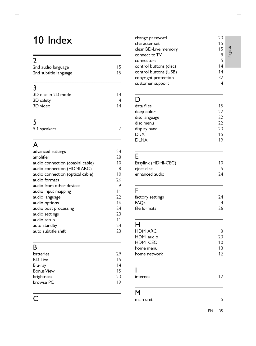 Philips HTS3564 manuel dutilisation Index, Clear BD-Live memory connect to TV connectors, Dlna, Internet Main unit 