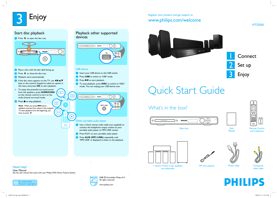 Philips HTS3565 user manual 3Enjoy, Need help?, Quick Start Guide, Connect 2 Set up, What’s in the box?, devices 