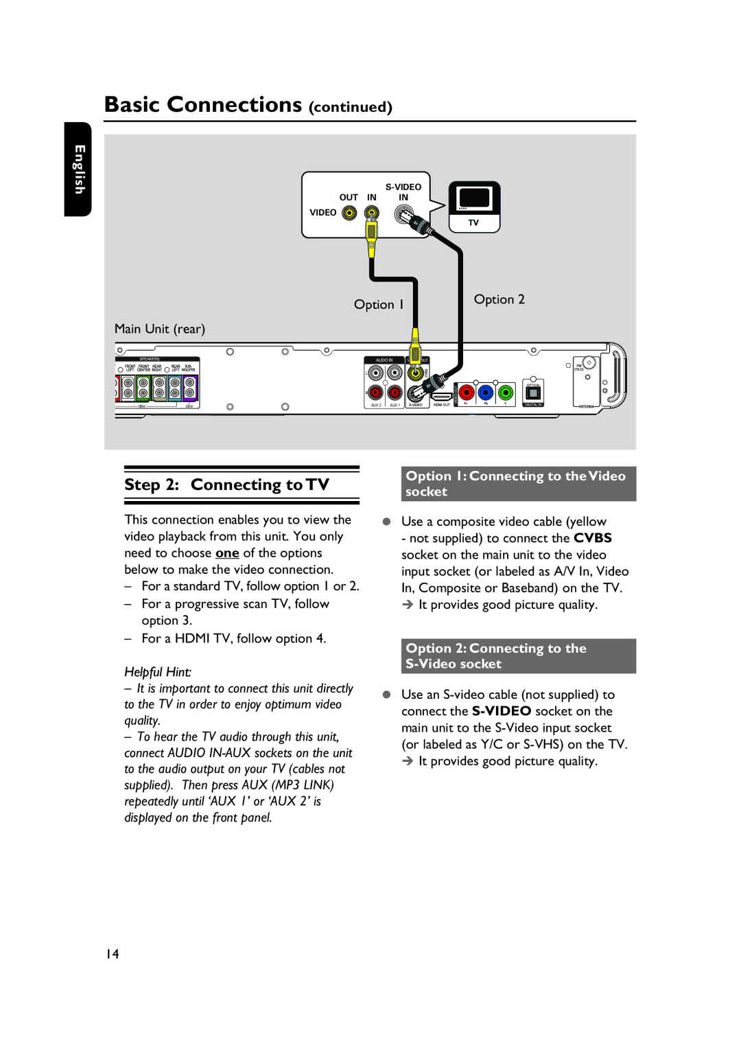 Philips HTS3565/78 Connecting to TV, Option 1 Connecting to the Video socket, Option 2 Connecting to the S-Video socket 