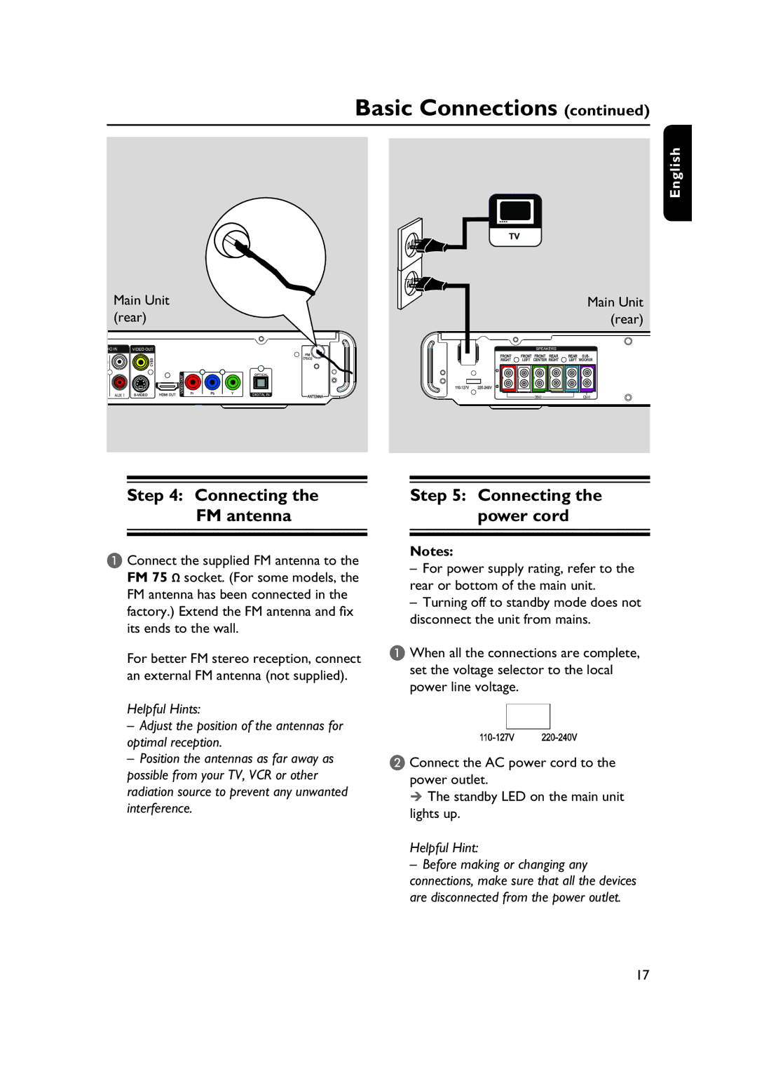 Philips HTS3565/78 manual Connecting the FM antenna, Connecting the power cord, Main Unit 