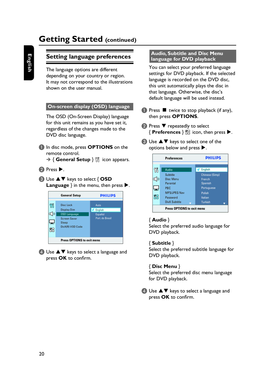 Philips HTS3565/78 manual Setting language preferences, On-screen display OSD language 