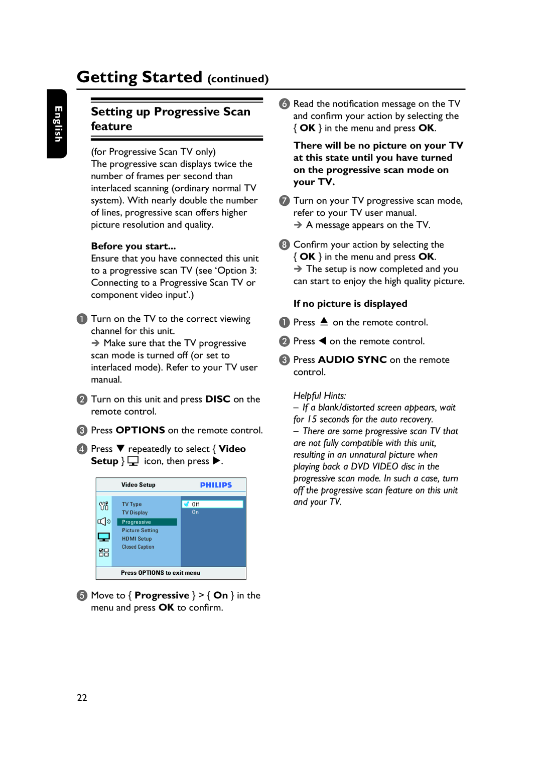 Philips HTS3565/78 manual Setting up Progressive Scan feature, Before you start, Setup, If no picture is displayed 