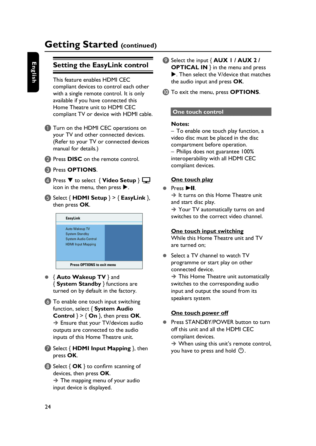 Philips HTS3565/78 manual Setting the EasyLink control, One touch control 