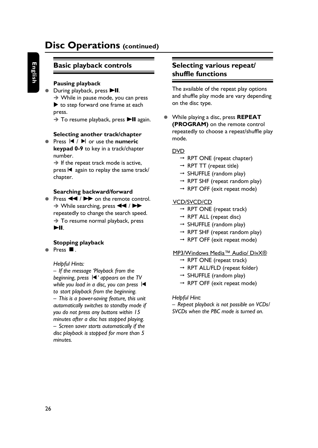 Philips HTS3565/78 manual Basic playback controls, Selecting various repeat/ shuffle functions, Pausing playback 