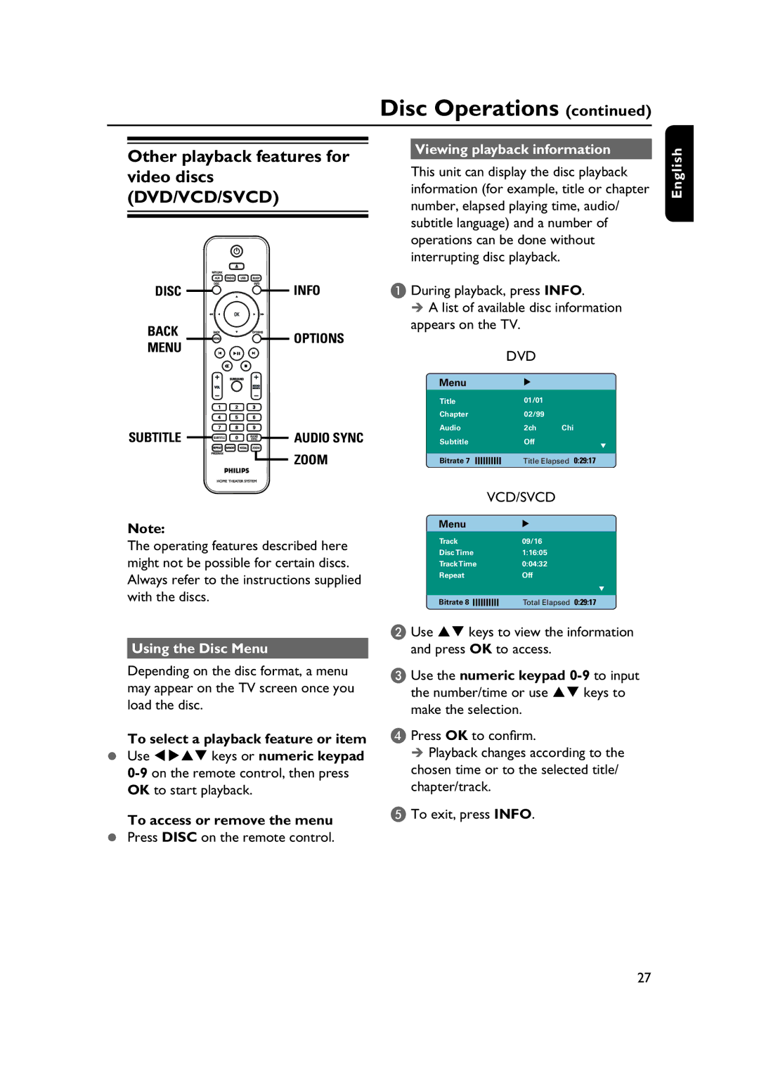 Philips HTS3565/78 Other playback features for video discs DVD/VCD/SVCD, Viewing playback information, Using the Disc Menu 