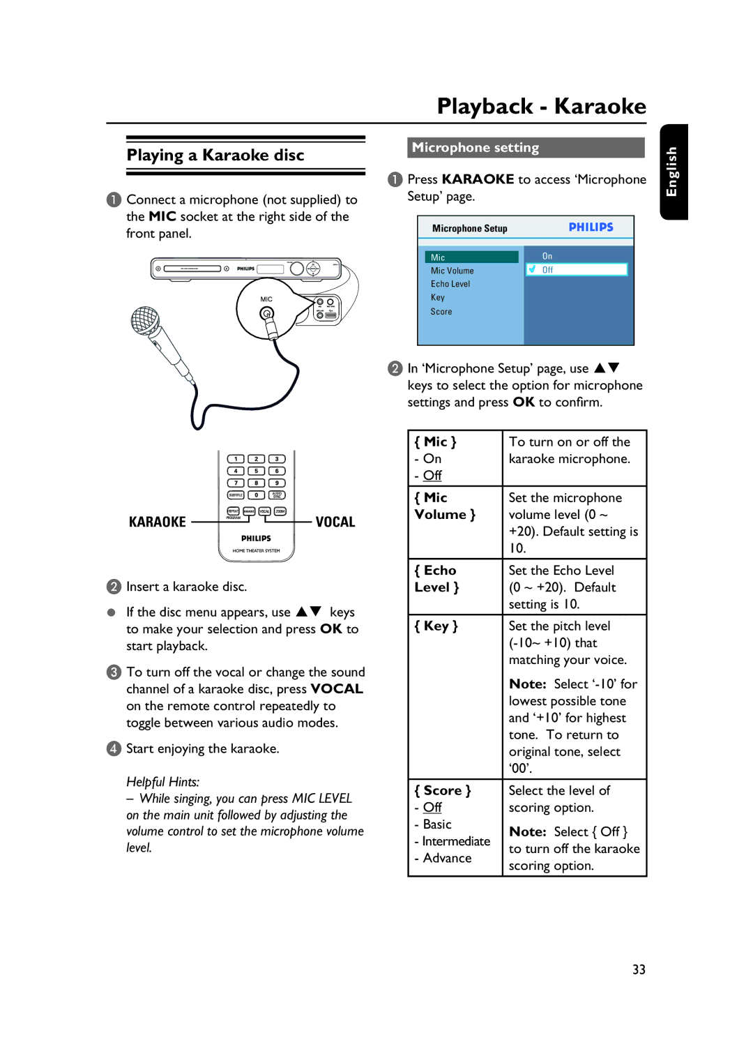 Philips HTS3565/78 manual Playback Karaoke, Playing a Karaoke disc, Microphone setting 