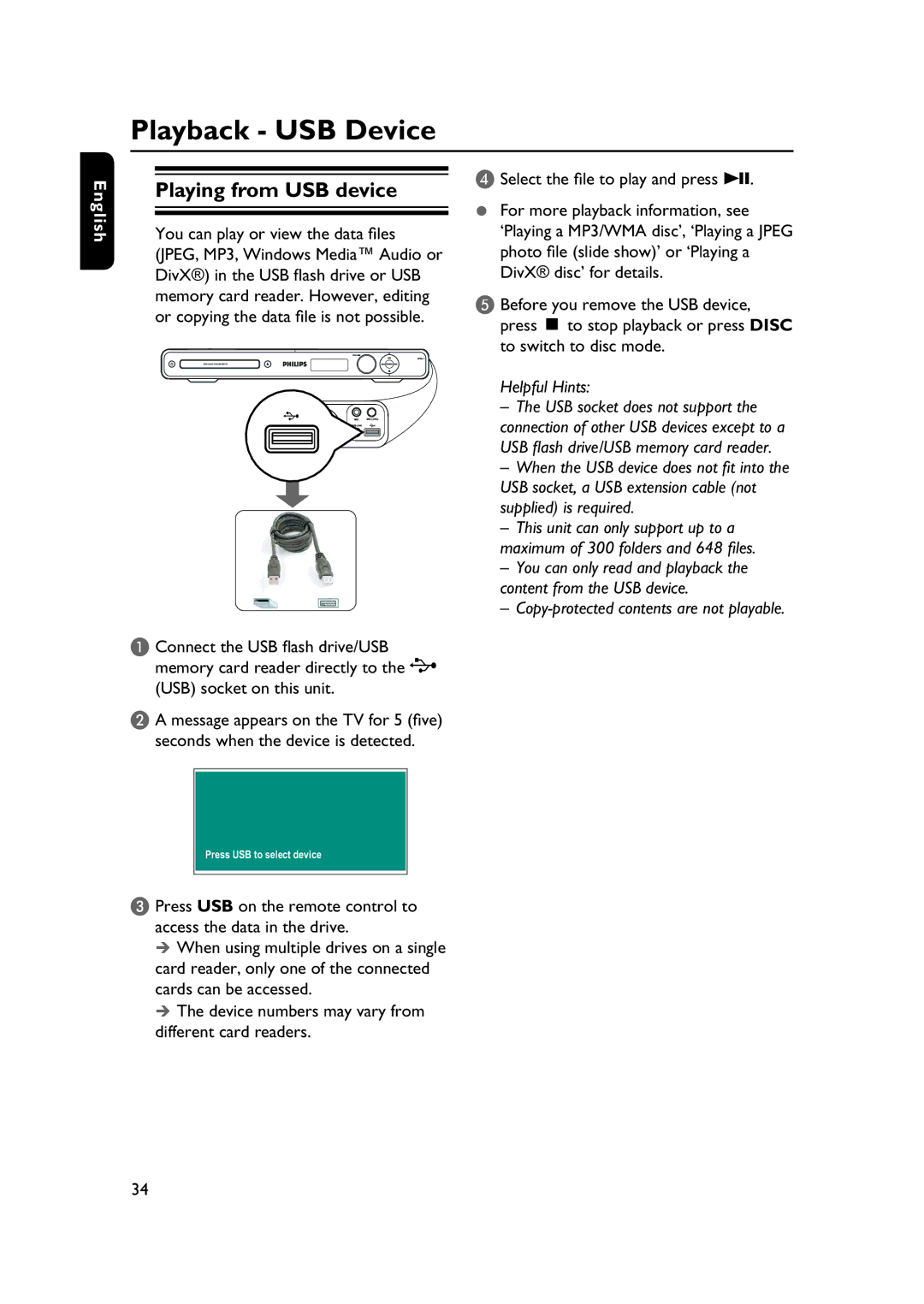 Philips HTS3565/78 manual Playback USB Device, Playing from USB device 