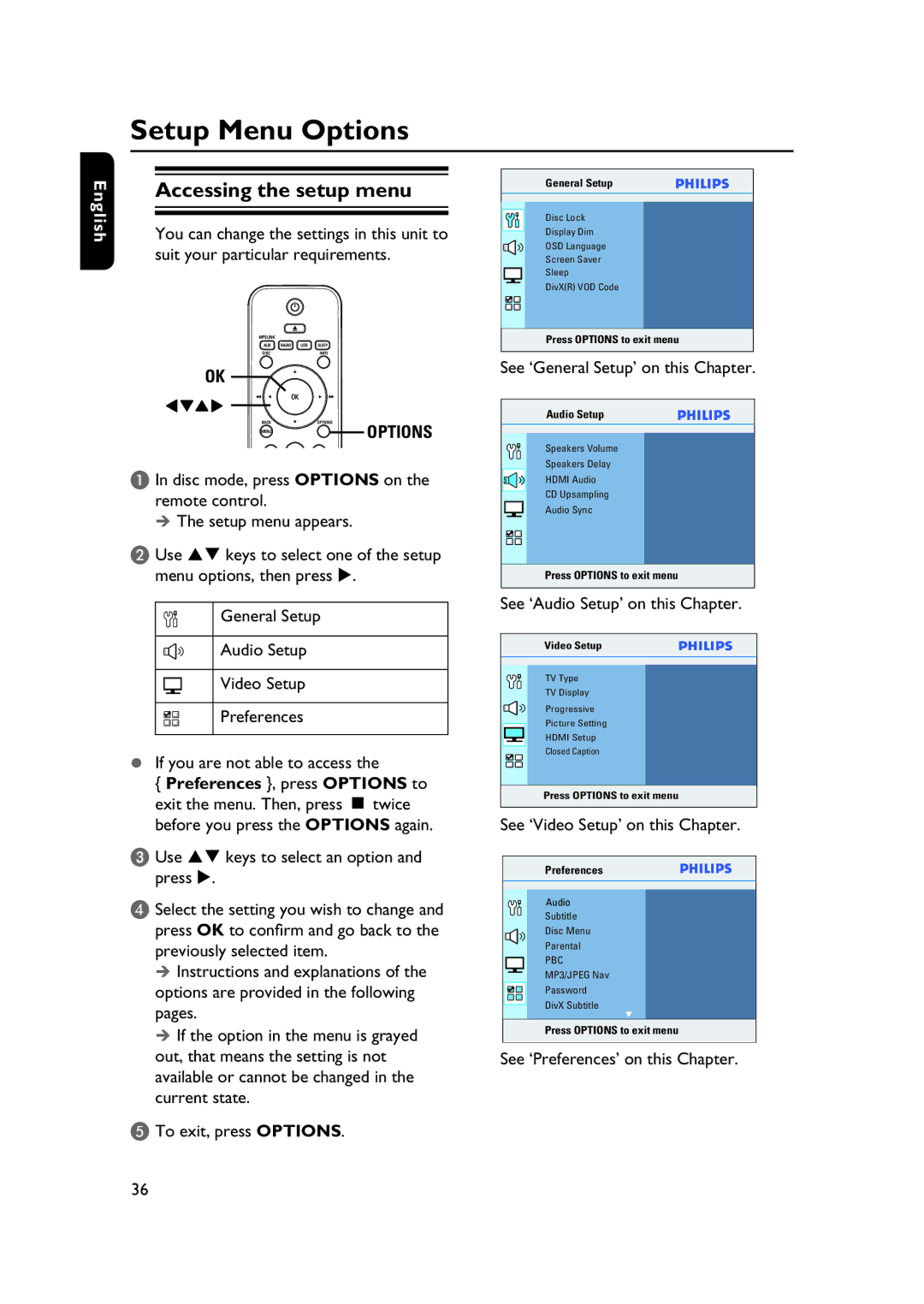 Philips HTS3565/78 manual Setup Menu Options, Accessing the setup menu 