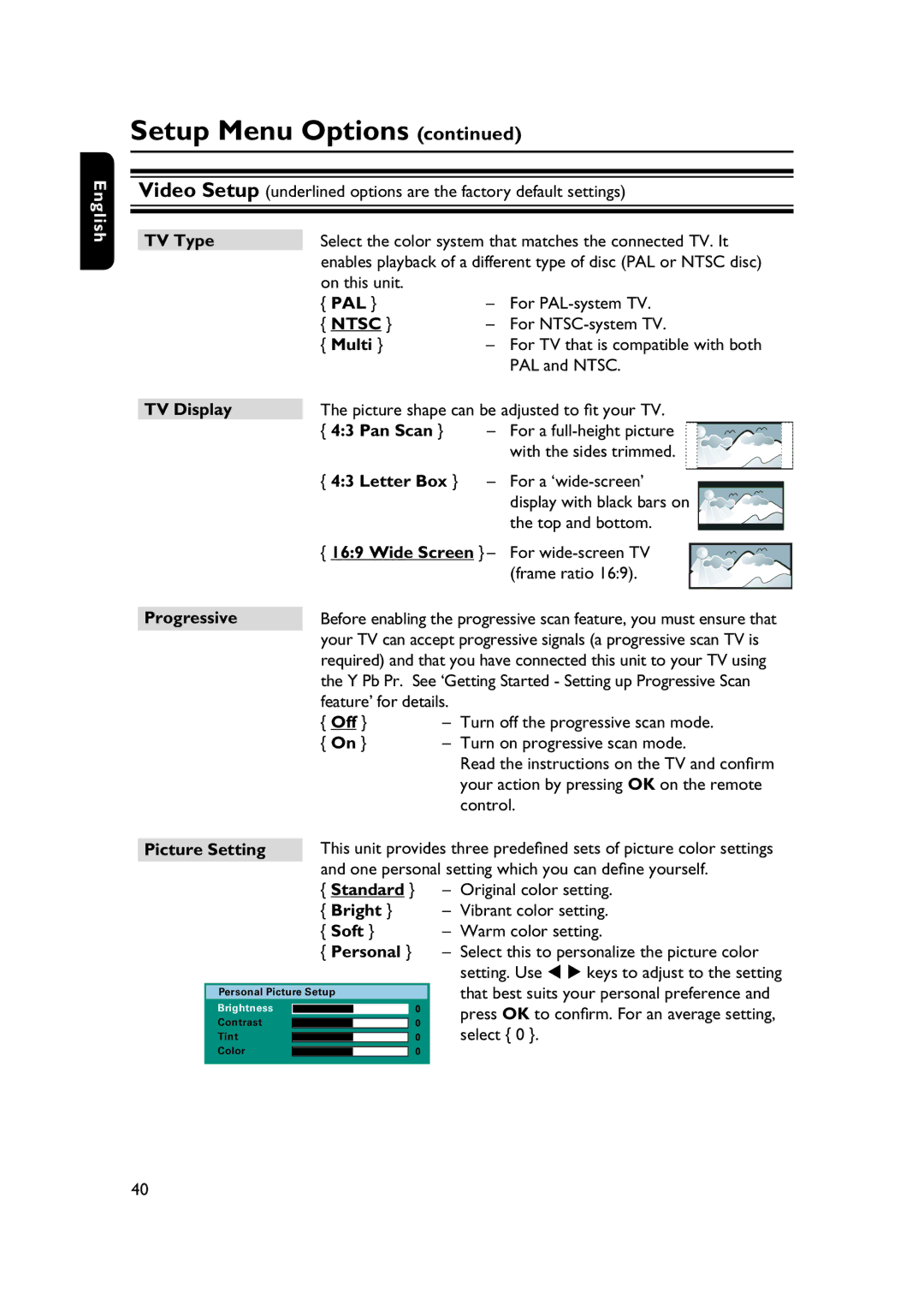 Philips HTS3565/78 manual TV Type, Pal, Multi, TV Display Progressive Picture Setting, Letter Box, Soft, Personal 