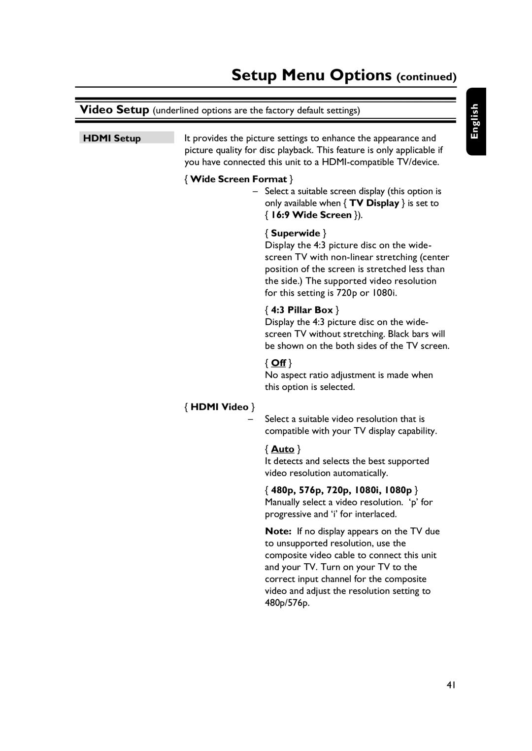 Philips HTS3565/78 manual Hdmi Setup, Wide Screen Format, Superwide, Pillar Box, Hdmi Video, 480p, 576p, 720p, 1080i, 1080p 