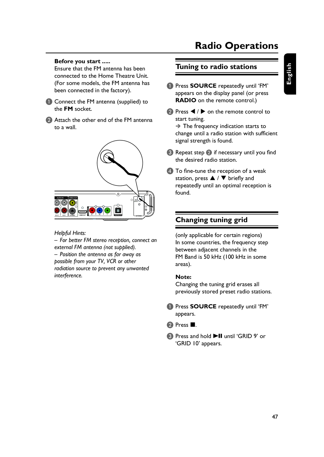 Philips HTS3565/78 manual Radio Operations, Tuning to radio stations, Changing tuning grid 