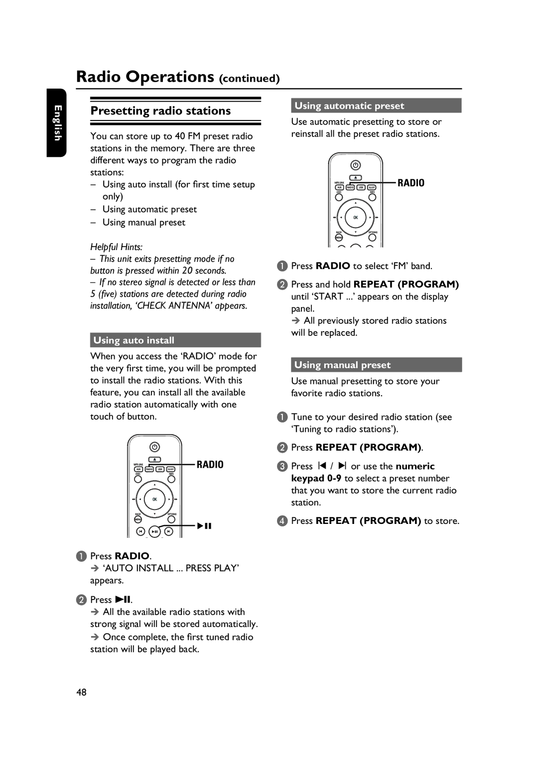 Philips HTS3565/78 Presetting radio stations, Using auto install, Using automatic preset, Using manual preset 