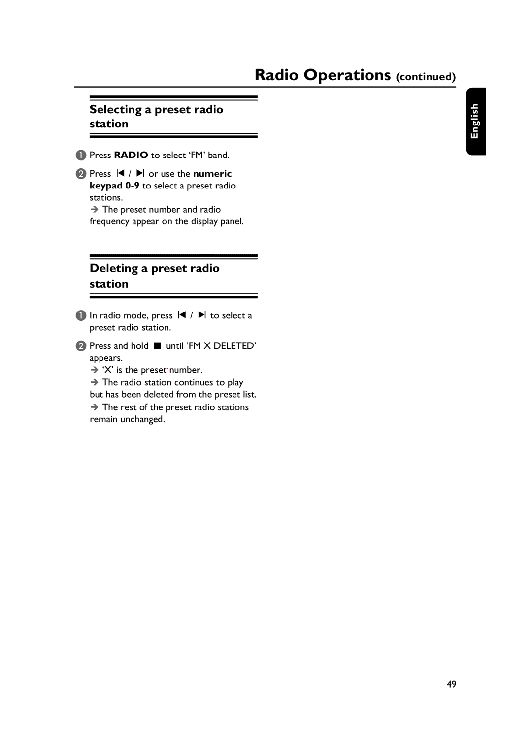 Philips HTS3565/78 manual Selecting a preset radio station, Deleting a preset radio station 