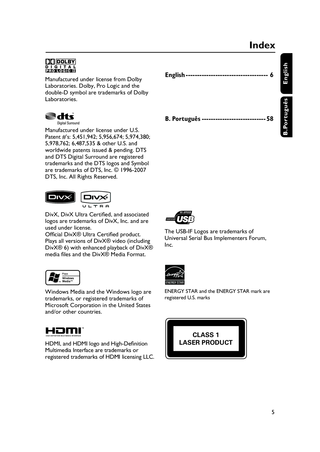 Philips HTS3565/78 manual Index, Português English 