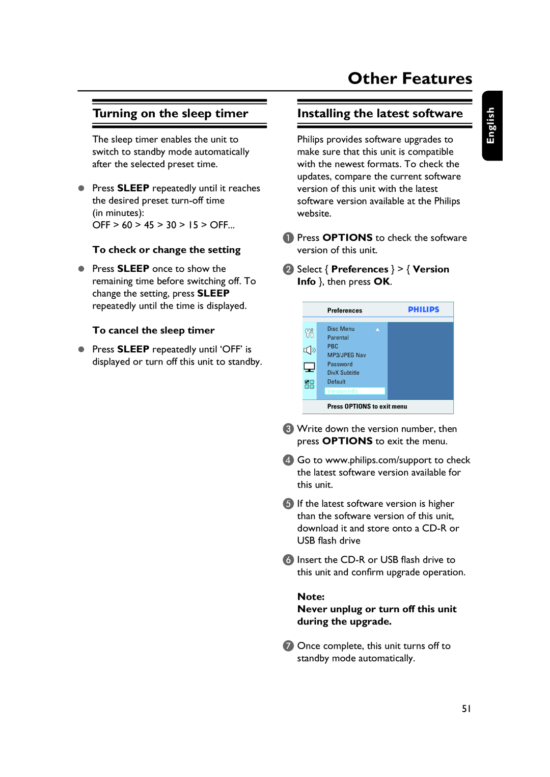 Philips HTS3565/78 manual Other Features, Turning on the sleep timer, Installing the latest software 