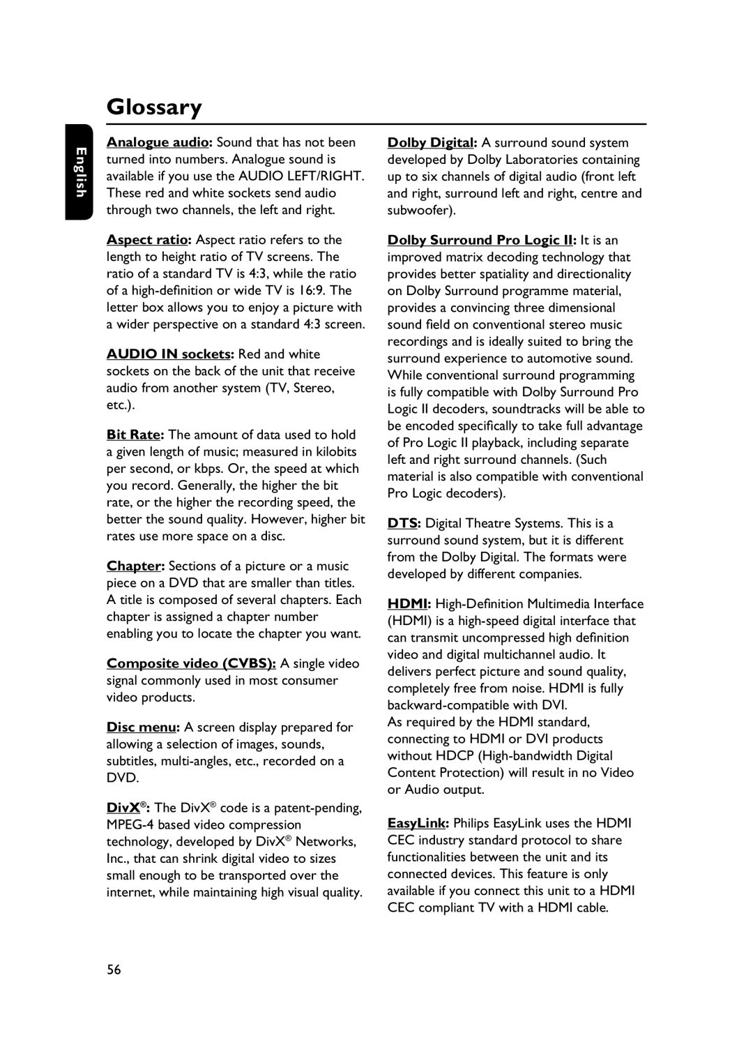 Philips HTS3565/78 manual Glossary 