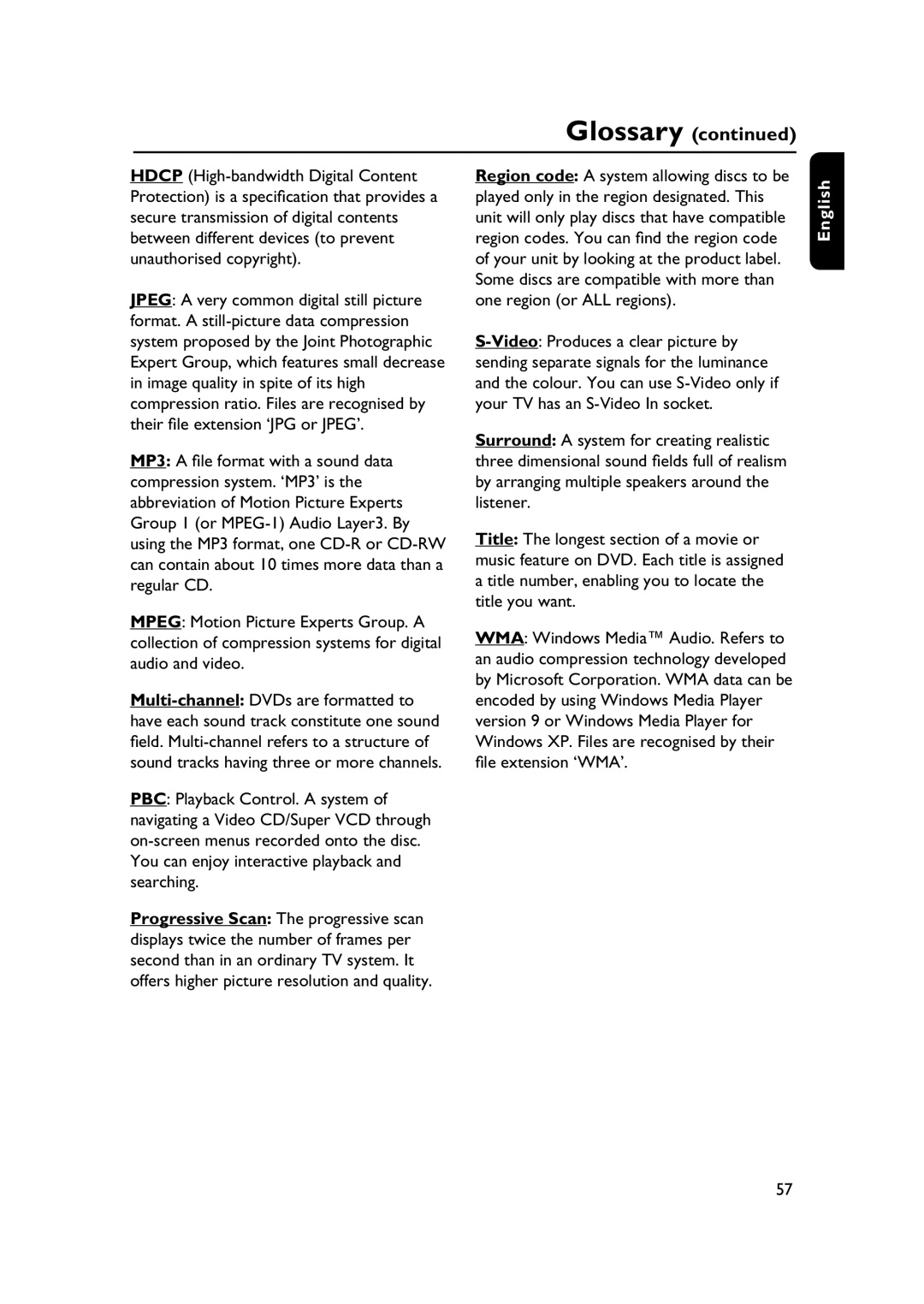 Philips HTS3565/78 manual Glossary, Fi le extension ‘WMA’ 