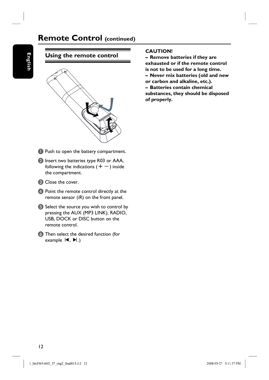 Philips HTS3565D quick start Using the remote control 