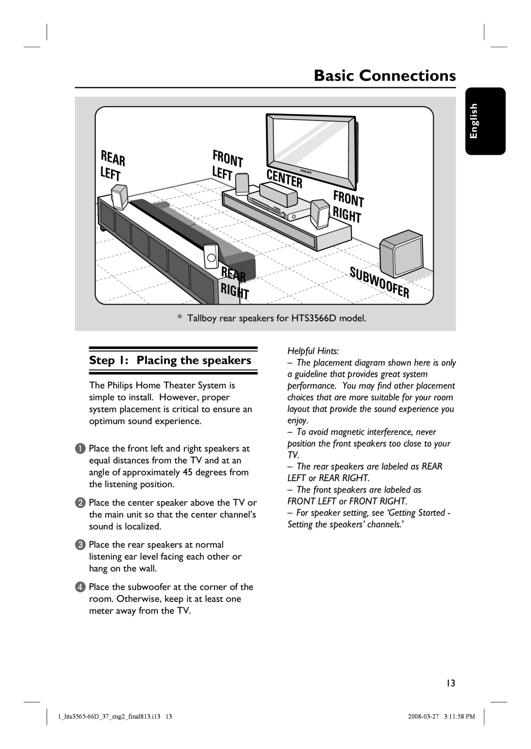 Philips HTS3565D quick start Basic Connections, Placing the speakers, Tallboy rear speakers for HTS3566D model 